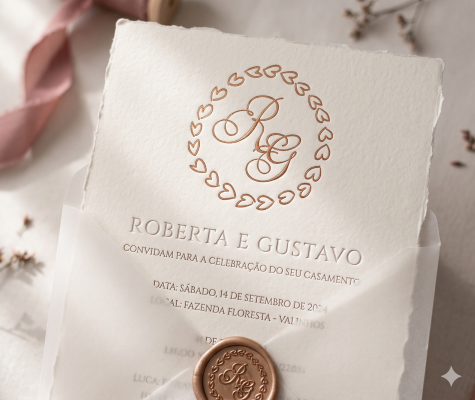 Convite de casamento sofisticado com monograma de corações e selo de cera personalizado