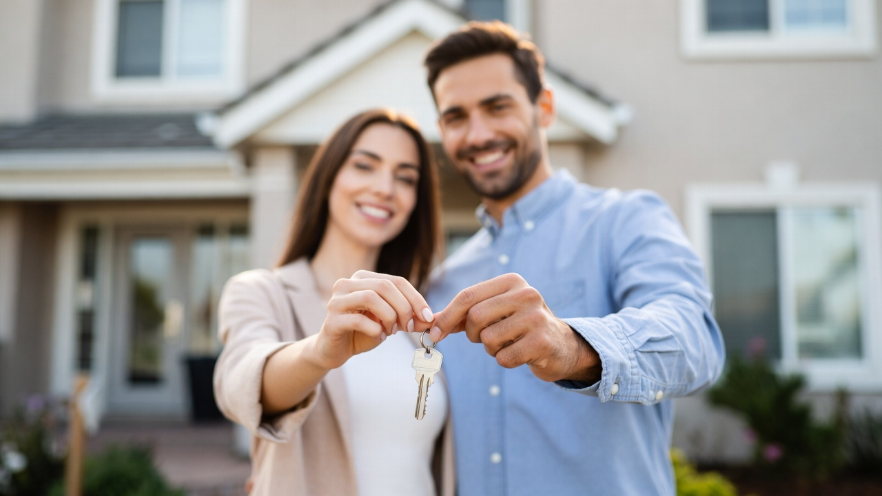 alugar ou financiar imovel - casal jovem com chave da casa alugada ou comprada na mão
