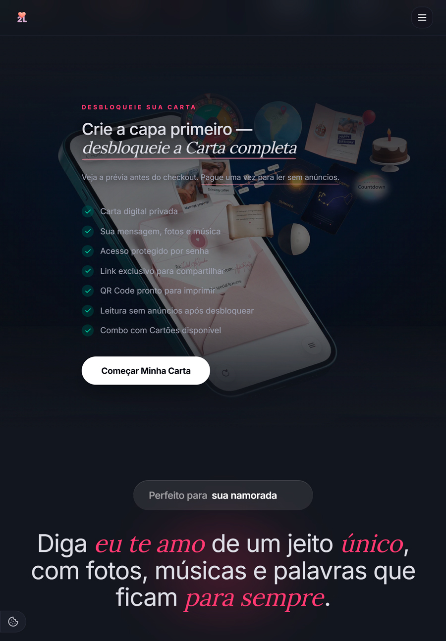smartphone que exibe a interface do aplicativo 2Luv, mostrando uma linha do tempo organizada com fotos e lembranças digitais do relacionamento do casal.