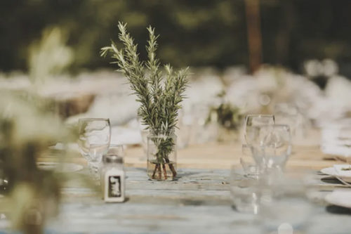 decoração de noivado simples com vidrinhos e alecrim - faça você mesmo