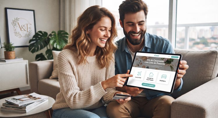 Casal jovem e sorridente no sofá usando um tablet para acessar o site de casamento com lista de presentes do iCasei, onde planejam cotas de lua de mel e casa nova.