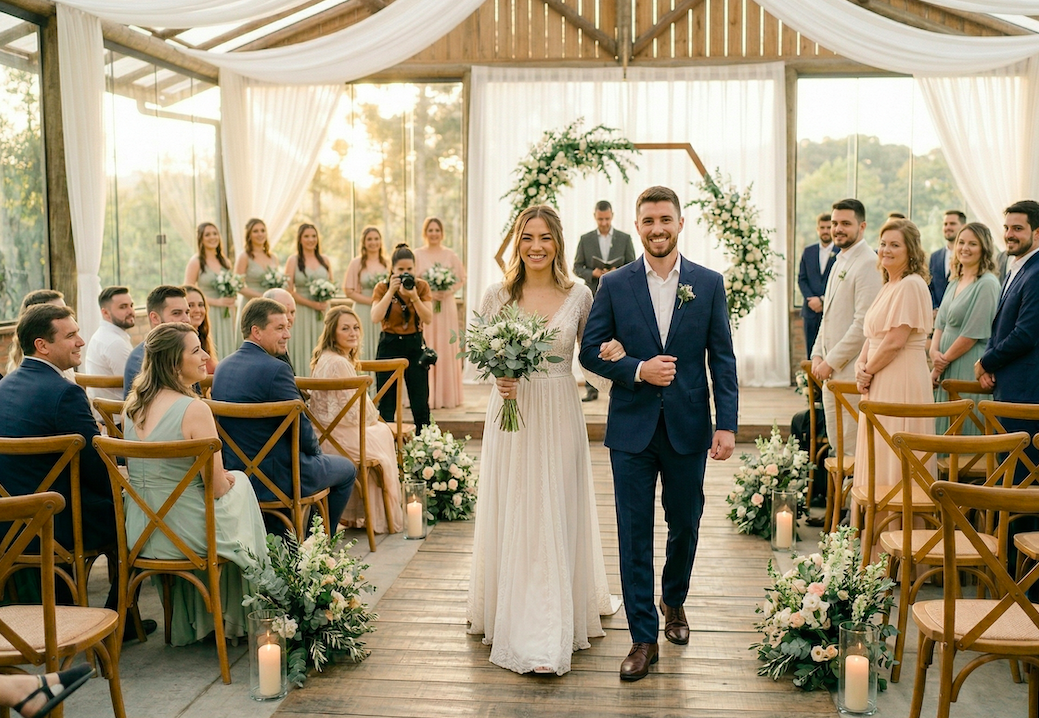 Saída dos noivos sorridentes da cerimônia seguindo o cronograma de casamento organizado