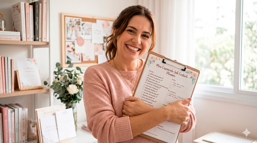 Noiva sorrindo e abraçada a uma prancheta com o cronograma do casamento com páginas ticadas do Planner Meu Casamento Sob Controle.