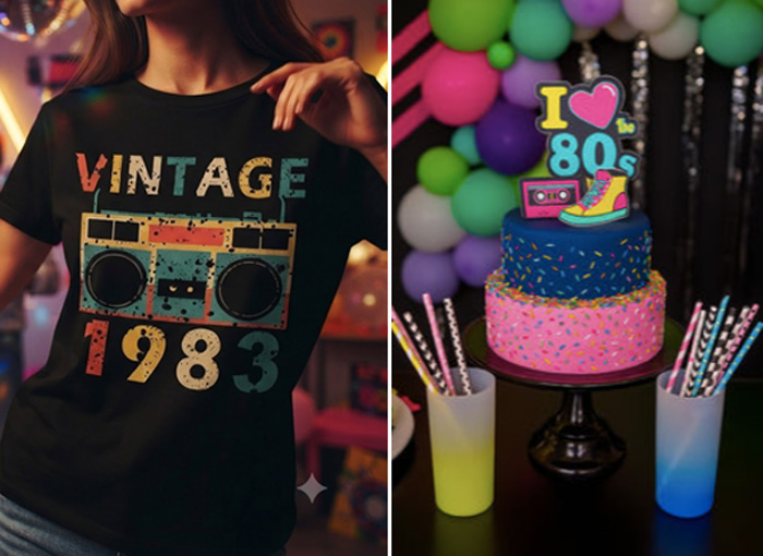 festa anos 80 , inspiração de bolo e camiseta vintage