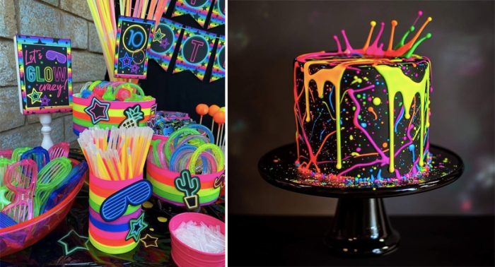 decoração de festa anos 80. Bolo colorido respingado de tinta e neon