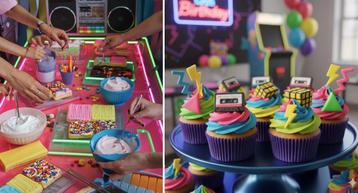 cupcakes com topo de bolo divertido no tema anos 80 para festa