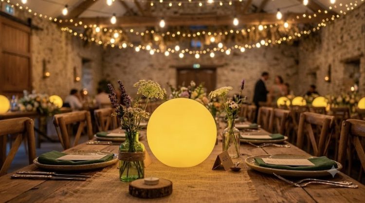 Fotografia em close de uma mesa de rústica e decorada para um jantar de casamento em um celeiro de pedra iluminado por luzes de gambiarra. Um grande orbe amarelo brilhante é o centro da mesa.