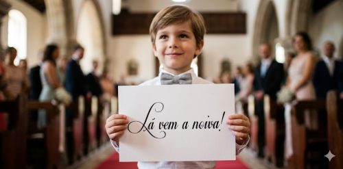 Pajem em igreja segurando placa 'Lá vem a noiva' com caligrafia clássica