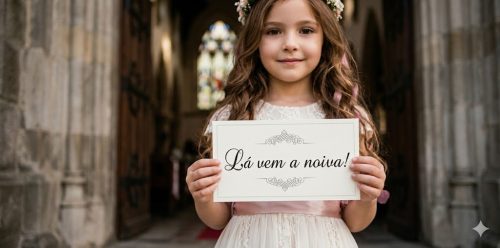 Daminha em igreja segurando placa 'Lá vem a noiva' com moldura decorativa e texto
