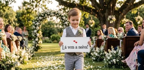 Pajem em casamento ao ar livre segurando placa 'Lá vem a noiva' com dois corações vermelhos