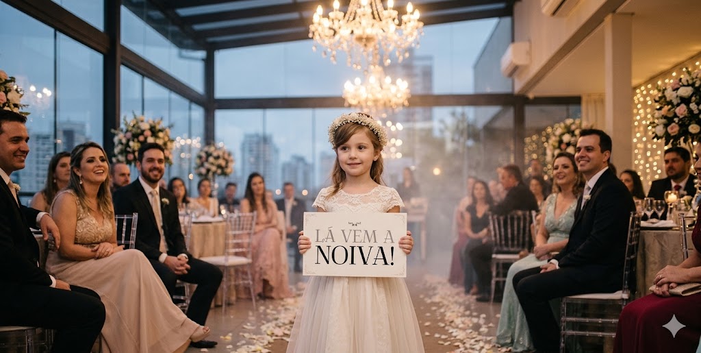 Daminha em salão de festas segurando placa 'Lá vem a noiva' com tipografia moderna e 'noiva' em negrito
