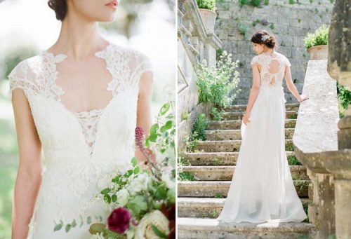 vestido de noiva com decote V e langa de renda, costas trabalhadas com detalhe em renda